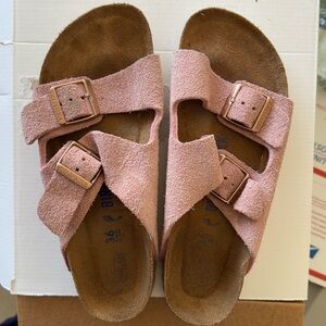 Birkenstock-Style Pink Suede Two-Buckle Slide Sandals